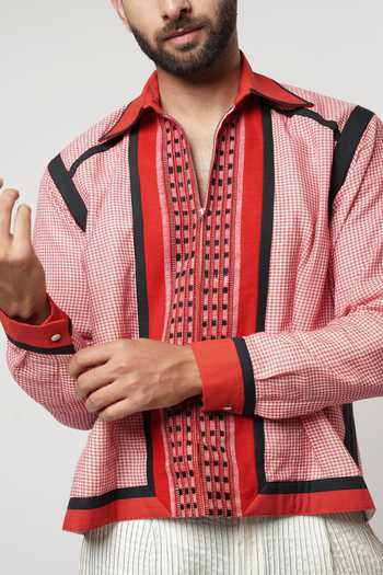 Shwetanga_Red Silk, Cotton Naga Gamcha Colorblock Bomber Shacket Set _at_Aza_Fashions