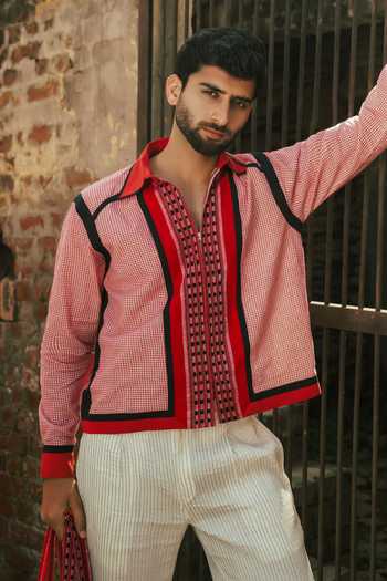 Buy_Shwetanga_Red Silk, Cotton Naga Gamcha Colorblock Bomber Shacket Set 