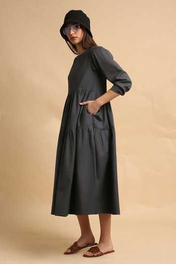 MATI_Grey Cotton Round Neck Ash Rib Vasara Dress _Online_at_Aza_Fashions