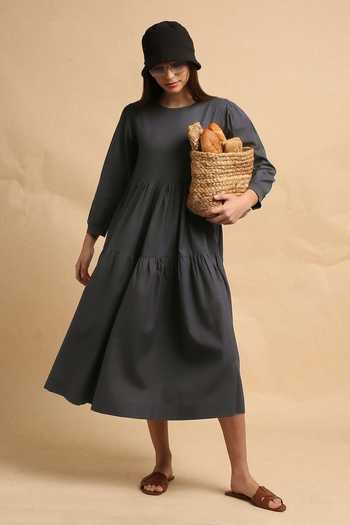 Buy_MATI_Grey Cotton Round Neck Ash Rib Vasara Dress _Online_at_Aza_Fashions