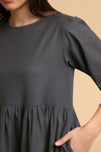 MATI_Grey Cotton Round Neck Ash Rib Vasara Dress _at_Aza_Fashions