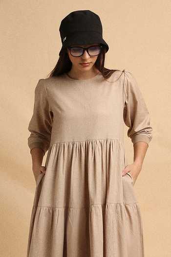 MATI_Beige Cotton Round Neck Sand Rib Vasara Dress _Online_at_Aza_Fashions