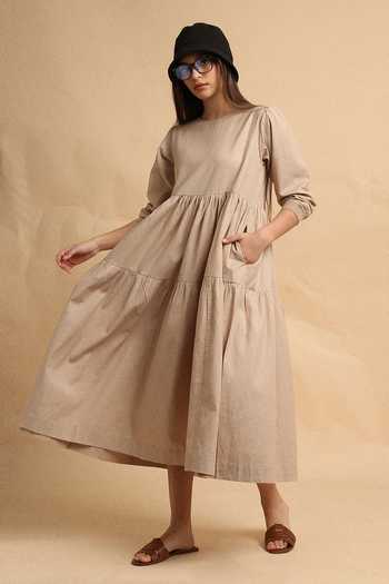 Buy_MATI_Beige Cotton Round Neck Sand Rib Vasara Dress _Online_at_Aza_Fashions