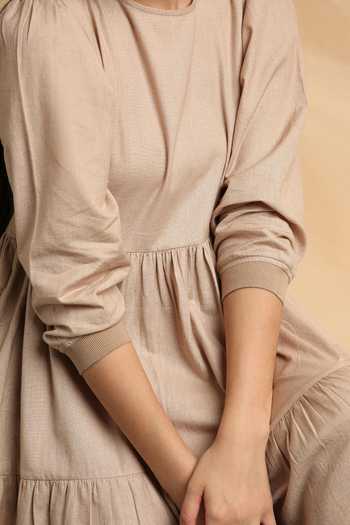 MATI_Beige Cotton Round Neck Sand Rib Vasara Dress _at_Aza_Fashions