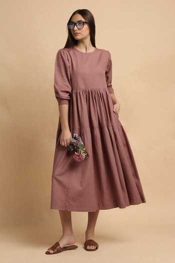 Shop_MATI_Blush Cotton Round Neck Rib Vasara Dress _Online_at_Aza_Fashions