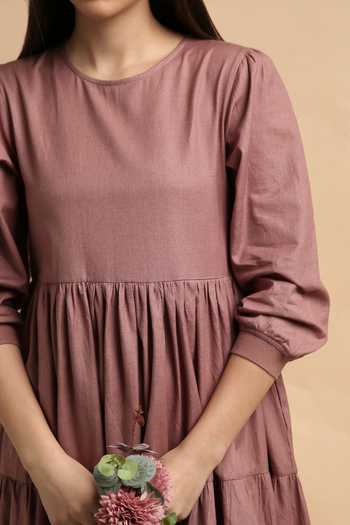 MATI_Blush Cotton Round Neck Rib Vasara Dress _at_Aza_Fashions