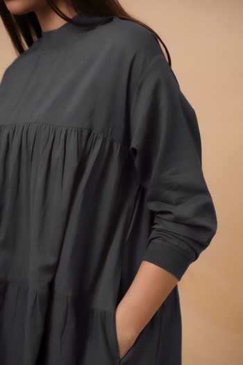 MATI_Grey Cotton High Neck Ash Mul Rib Vena Dress _Online_at_Aza_Fashions