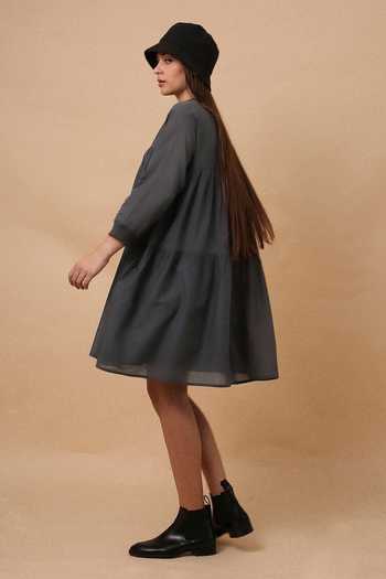 Buy_MATI_Grey Cotton High Neck Ash Mul Rib Vena Dress _Online_at_Aza_Fashions