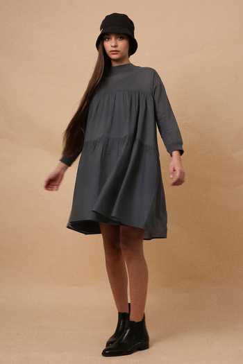 Shop_MATI_Grey Cotton High Neck Ash Mul Rib Vena Dress _Online_at_Aza_Fashions