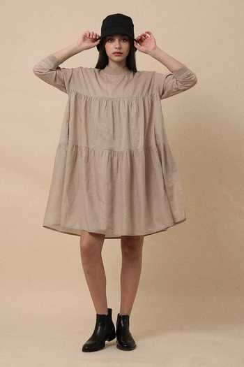 MATI_Beige Cotton High Neck Sand Mul Rib Vena Dress _Online_at_Aza_Fashions