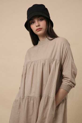Buy_MATI_Beige Cotton High Neck Sand Mul Rib Vena Dress _Online_at_Aza_Fashions