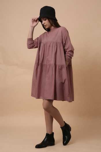MATI_Blush Cotton High Neck Mul Rib Vena Dress _Online_at_Aza_Fashions