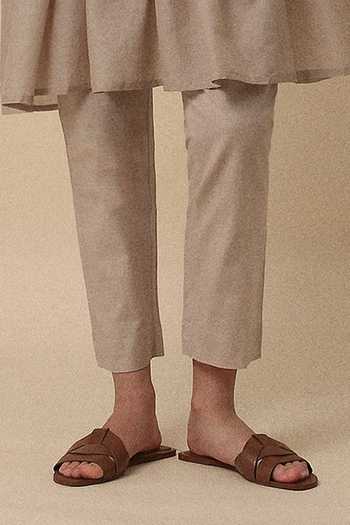 MATI_Beige Cotton Crew Neck Sand Mul Rib Vena Tunic And Pant Co-ord Set _Online_at_Aza_Fashions