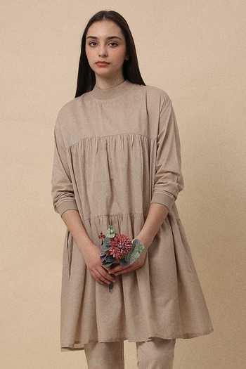 Buy_MATI_Beige Cotton Crew Neck Sand Mul Rib Vena Tunic And Pant Co-ord Set _Online_at_Aza_Fashions