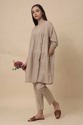 Shop_MATI_Beige Cotton Crew Neck Sand Mul Rib Vena Tunic And Pant Co-ord Set _Online_at_Aza_Fashions