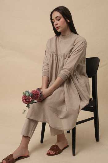 MATI_Beige Cotton Crew Neck Sand Mul Rib Vena Tunic And Pant Co-ord Set _at_Aza_Fashions
