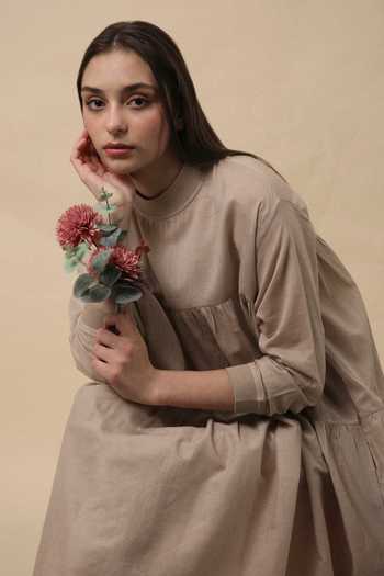 Buy_MATI_Beige Cotton Crew Neck Sand Mul Rib Vena Tunic And Pant Co-ord Set 