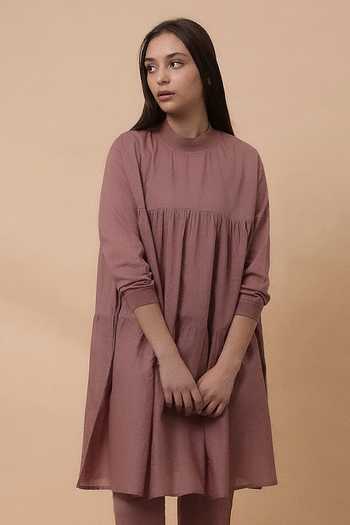 Buy_MATI_Pink Cotton Crew Neck Blush Mul Rib Vena Tunic And Pant Co-ord Set _Online_at_Aza_Fashions