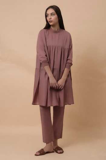 Shop_MATI_Pink Cotton Crew Neck Blush Mul Rib Vena Tunic And Pant Co-ord Set _Online_at_Aza_Fashions