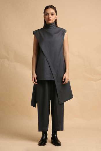 Buy_MATI_Grey Cotton Turtle Neck Ash Toga Top And Pant Co-ord Set _Online_at_Aza_Fashions