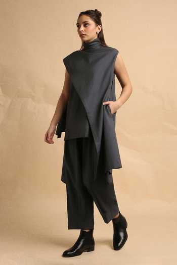 Shop_MATI_Grey Cotton Turtle Neck Ash Toga Top And Pant Co-ord Set _Online_at_Aza_Fashions