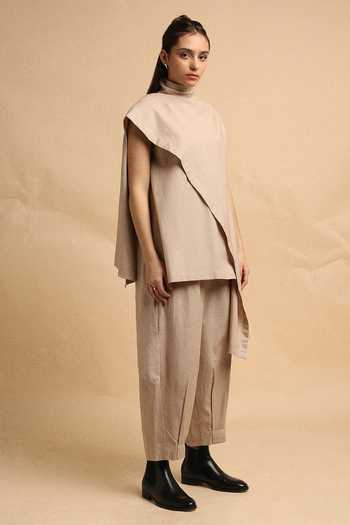 Shop_MATI_Beige Cotton Turtle Neck Sand Toga Top And Pant Co-ord Set _Online_at_Aza_Fashions