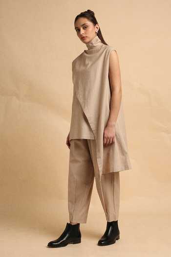 MATI_Beige Cotton Turtle Neck Sand Toga Top And Pant Co-ord Set _at_Aza_Fashions