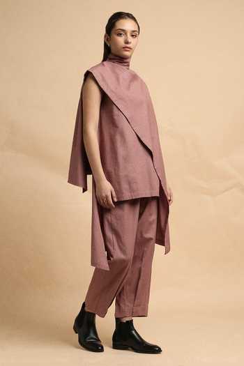 Buy_MATI_Pink Cotton Turtle Neck Blush Toga Top And Pant Co-ord Set _Online_at_Aza_Fashions