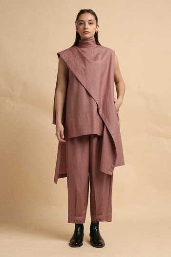 Shop_MATI_Pink Cotton Turtle Neck Blush Toga Top And Pant Co-ord Set _Online_at_Aza_Fashions