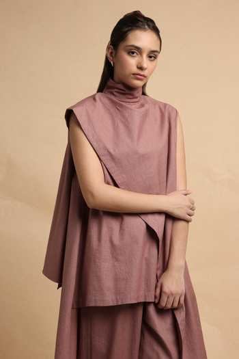 MATI_Pink Cotton Turtle Neck Blush Toga Top And Pant Co-ord Set _at_Aza_Fashions