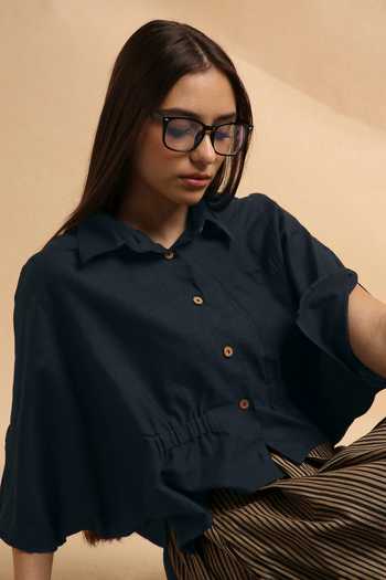 MATI_Charcoal Cotton Collared Crop Shirt And Box Pleated Skirt Set _Online_at_Aza_Fashions