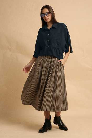 Buy_MATI_Charcoal Cotton Collared Crop Shirt And Box Pleated Skirt Set _Online_at_Aza_Fashions