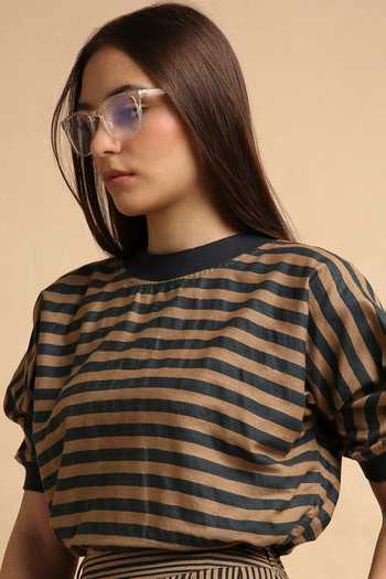 MATI_Brown Cotton Round Neck Striped New Sphara Crop Top And Skirt Co-ord Set _Online_at_Aza_Fashions