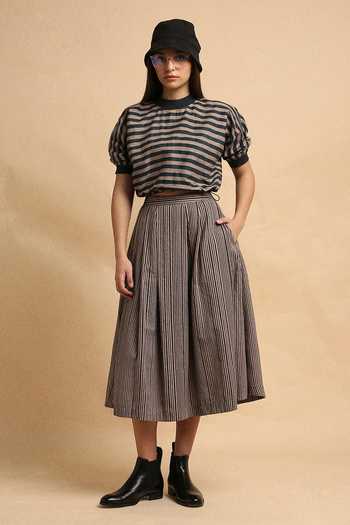 MATI_Grey Cotton Round Neck Med Striped New Sphara Crop Top And Skirt Set _Online_at_Aza_Fashions