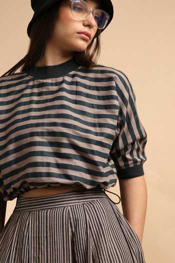 Shop_MATI_Grey Cotton Round Neck Med Striped New Sphara Crop Top And Skirt Set _Online_at_Aza_Fashions