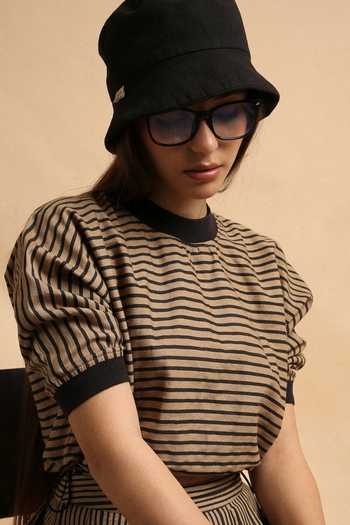 MATI_Brown Cotton Round Neck Thin Striped Sphara Crop Top And Skirt Set _Online_at_Aza_Fashions