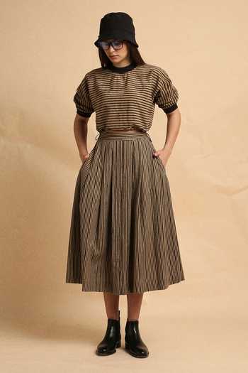 Buy_MATI_Brown Cotton Round Neck Thin Striped Sphara Crop Top And Skirt Set _Online_at_Aza_Fashions