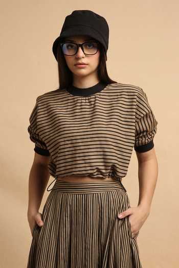 Shop_MATI_Brown Cotton Round Neck Thin Striped Sphara Crop Top And Skirt Set _Online_at_Aza_Fashions