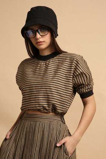 MATI_Brown Cotton Round Neck Thin Striped Sphara Crop Top And Skirt Set _at_Aza_Fashions