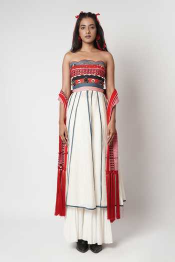 Shwetanga_Ivory Cotton, Linen Embroidery, Beads, Tassels, Embellished Anarkali Sharara Set _Online_at_Aza_Fashions