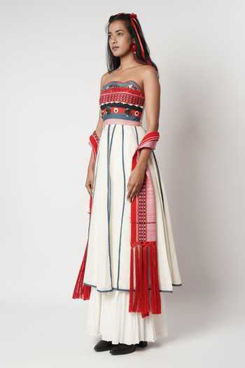 Buy_Shwetanga_Ivory Cotton, Linen Embroidery, Beads, Tassels, Embellished Anarkali Sharara Set _Online_at_Aza_Fashions