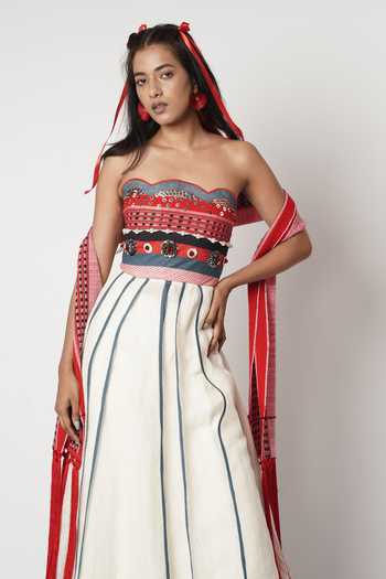 Shop_Shwetanga_Ivory Cotton, Linen Embroidery, Beads, Tassels, Embellished Anarkali Sharara Set _Online_at_Aza_Fashions