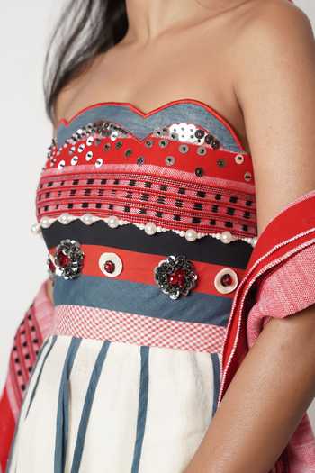 Shwetanga_Ivory Cotton, Linen Embroidery, Beads, Tassels, Embellished Anarkali Sharara Set _at_Aza_Fashions