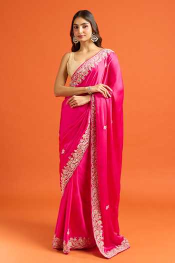 Shop Samyukta Singhania Pink Embroidery, Zari Butti Saree And Running Blouse Set Online at Aza Fashions Shop_Samyukta Singhania_Pink Embroidery, Zari Butti Saree And Running Blouse Set _Online_at_Aza_Fashions