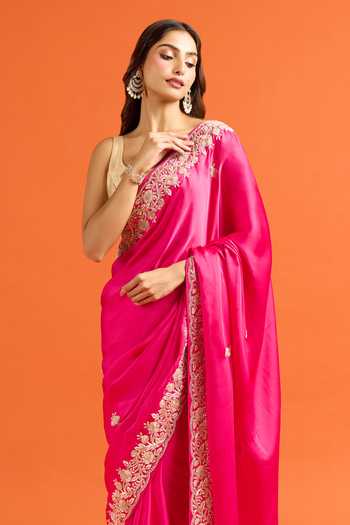 Shop Samyukta Singhania Pink Embroidery, Zari Butti Saree And Running Blouse Set Shop_Samyukta Singhania_Pink Embroidery, Zari Butti Saree And Running Blouse Set