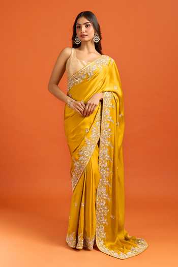 Shop Samyukta Singhania Yellow Zari Flower Embroidered Saree And Running Blouse Set Online at Aza Fashions Shop_Samyukta Singhania_Yellow Zari Flower Embroidered Saree And Running Blouse Set _Online_at_Aza_Fashions