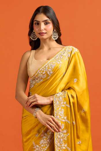 Samyukta Singhania Yellow Zari Flower Embroidered Saree And Running Blouse Set at Aza Fashions Samyukta Singhania_Yellow Zari Flower Embroidered Saree And Running Blouse Set _at_Aza_Fashions