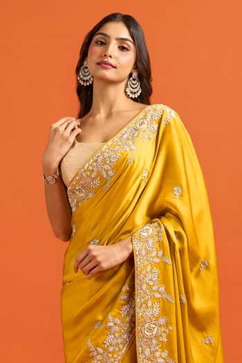 Shop Samyukta Singhania Yellow Zari Flower Embroidered Saree And Running Blouse Set Shop_Samyukta Singhania_Yellow Zari Flower Embroidered Saree And Running Blouse Set