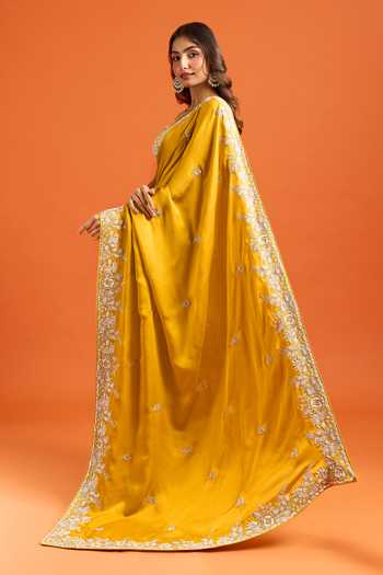 Samyukta Singhania Yellow Zari Flower Embroidered Saree And Running Blouse Set Online at Aza Fashions Samyukta Singhania_Yellow Zari Flower Embroidered Saree And Running Blouse Set _Online_at_Aza_Fashions