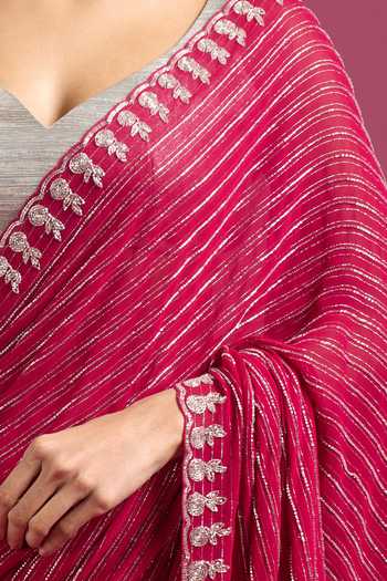 Shop_Samyukta Singhania_Pink Crepe, Chinon Embroidery Stripe Pattern Saree And Running Blouse Set _Online_at_Aza_Fashions